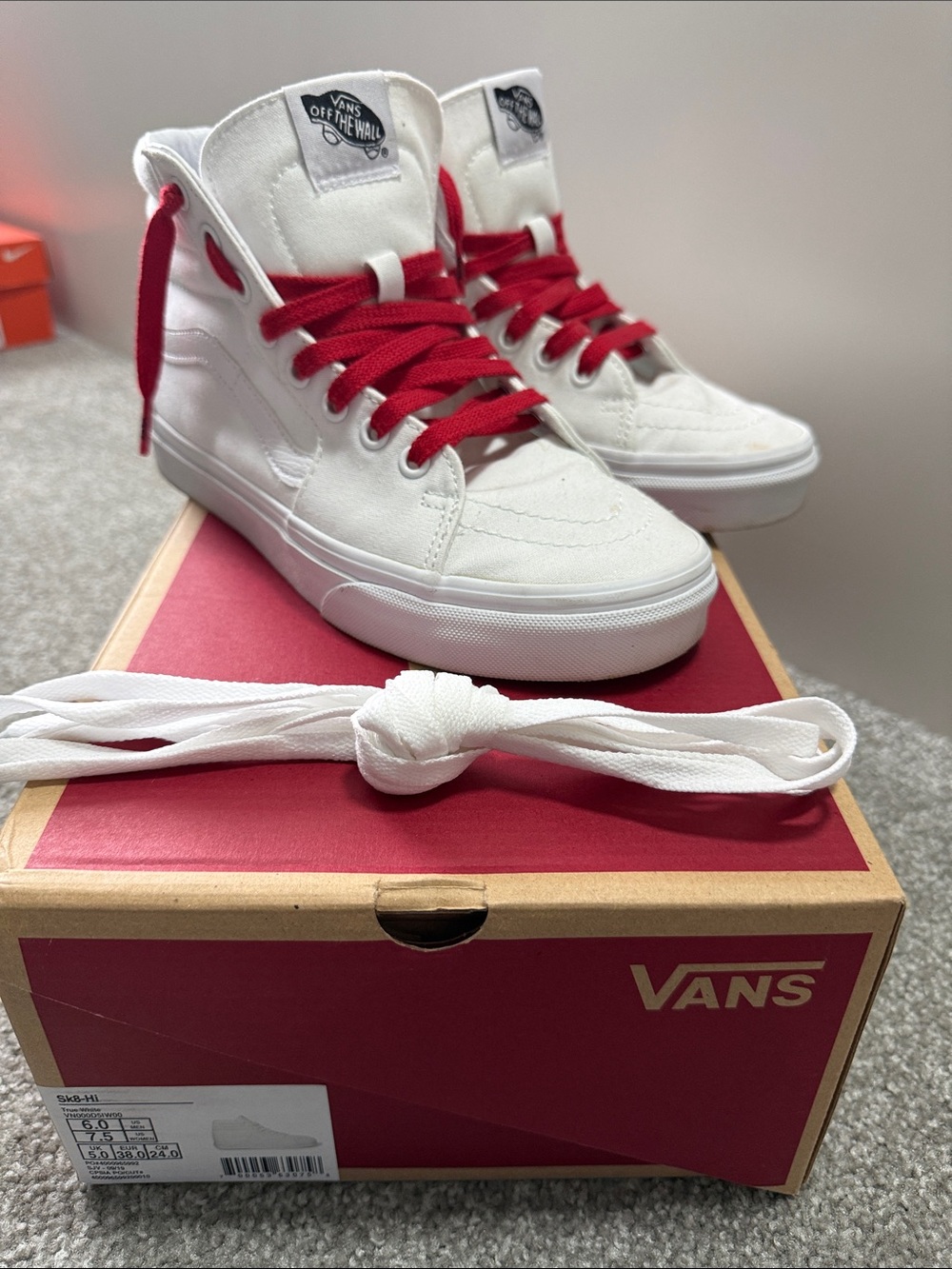 Vans White High-Top Sneakers / Sk8-HI with Red Laces